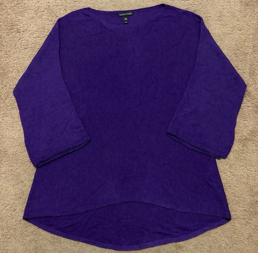 Eileen Fisher 1/4 Sleeve Purple Knit Top Size Medium Tencel Lyocell Merino Wool